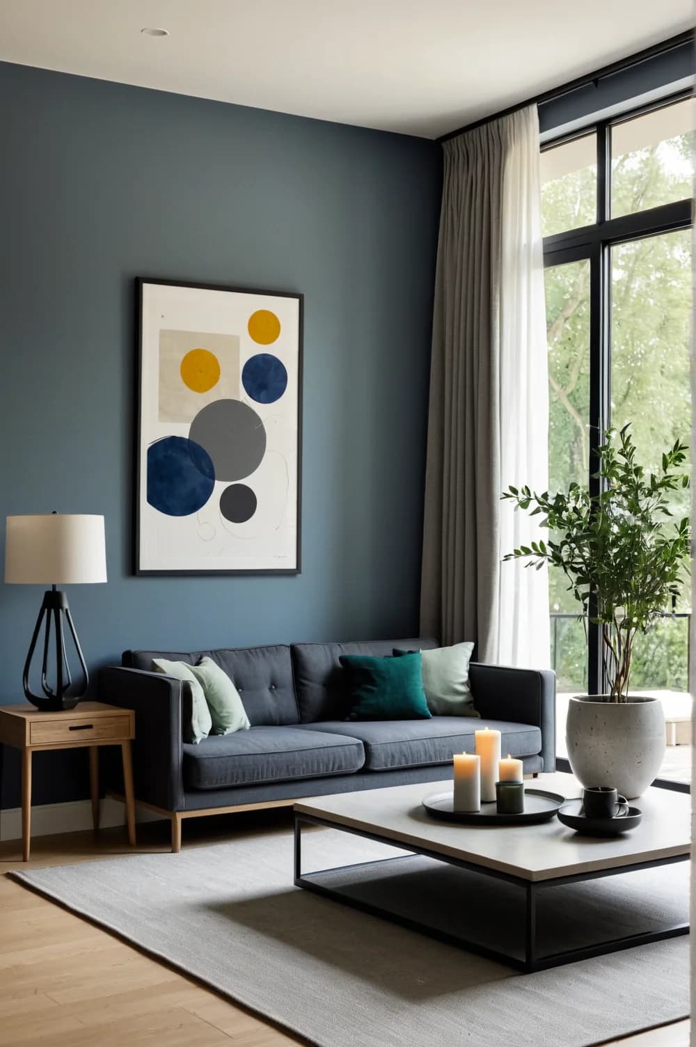 Sala con una pared azul petróleo, un cuadro de círculos en azul, mostaza y gris, sofá gris oscuro con cojines verdes, mesa de centro blanca con base negra y un ventanal con cortinas