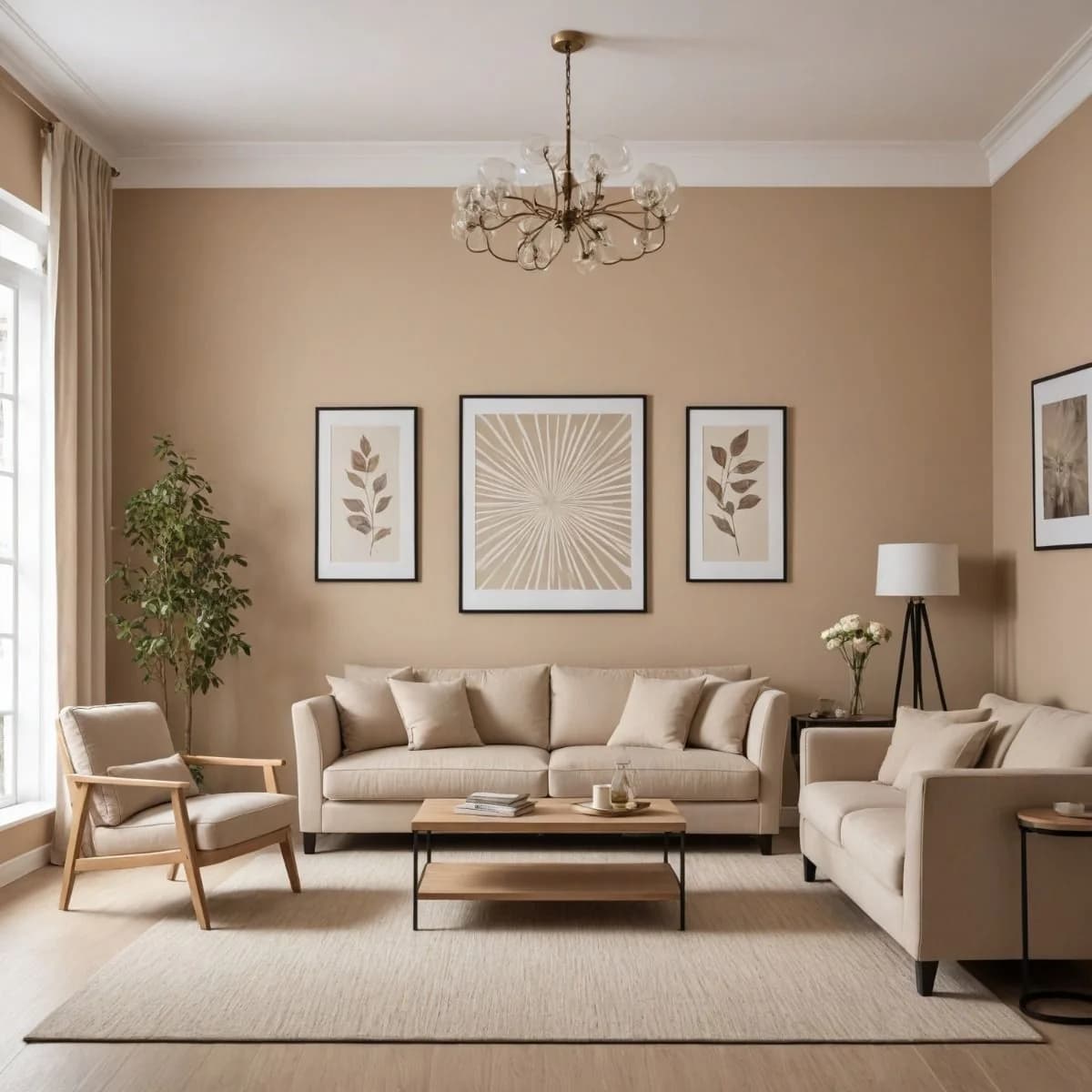 Sala con paredes color beige cálido y techo blanco, sofás beige, sillón de madera, tres cuadros botánicos, un candil y un tapete claro