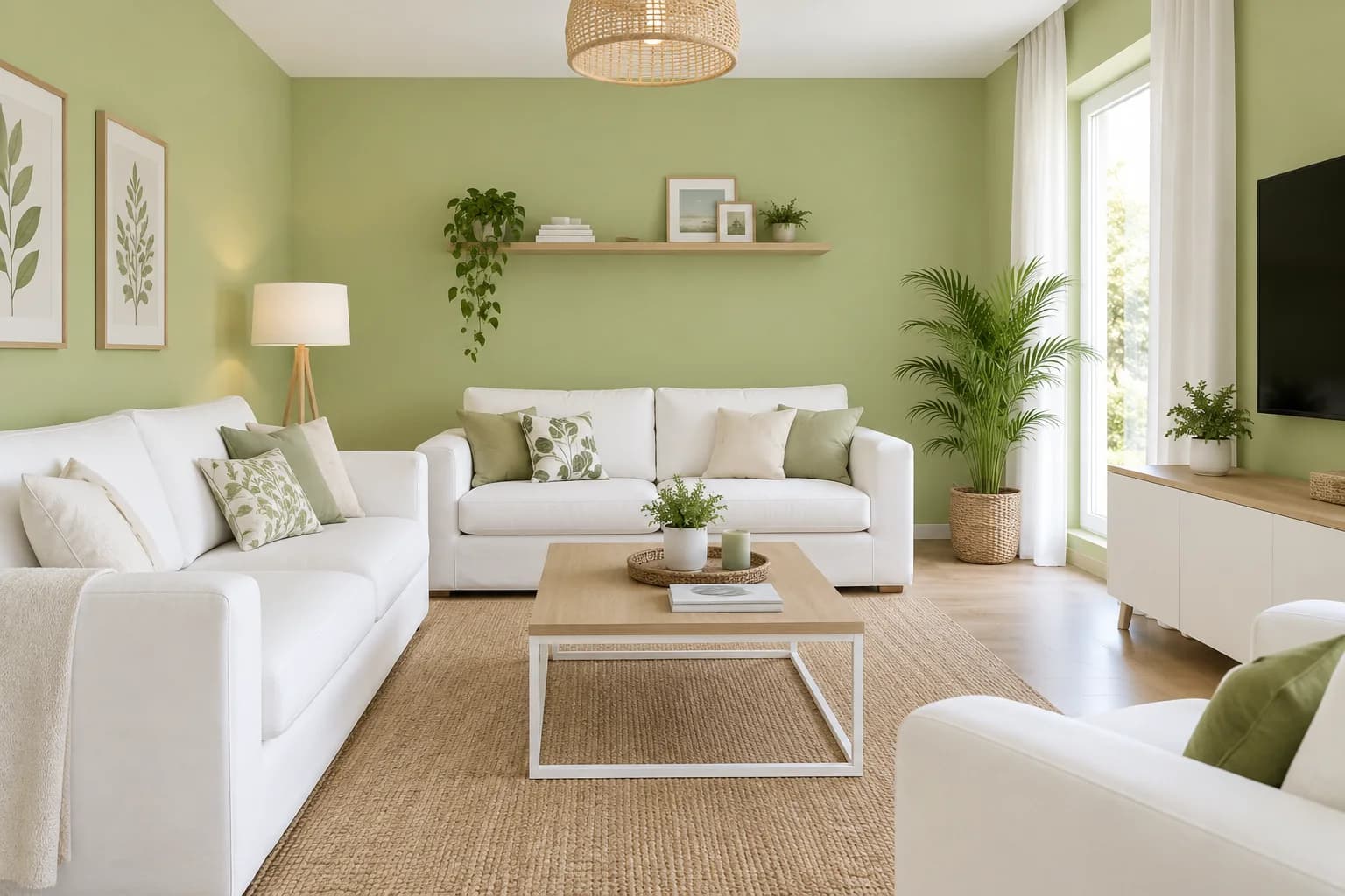Sala moderna con paredes verde claro, tres sofás blancos con cojines verdes, mesa de centro de madera y metal blanco, tapete de yute y cuadros botánicos