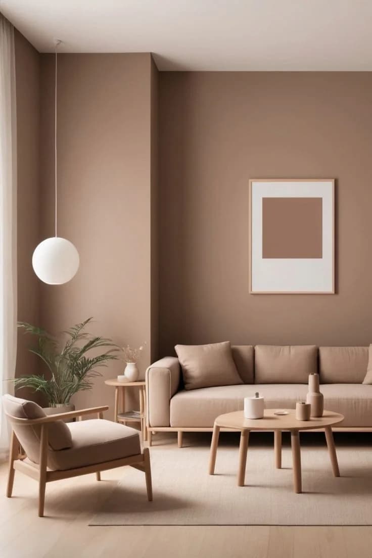 Sala con paredes color taupe rosado, sofá y sillón del mismo tono, mesa de centro de madera clara, una lámpara colgante de globo blanco y un cuadro geométrico