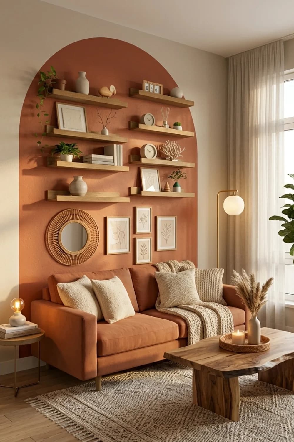 Pared crema con un arco grande pintado en terracota, repisas de madera con jarrones y cuadros dentro del arco, un sofá terracota con cojines crema y una mesa de madera rústica