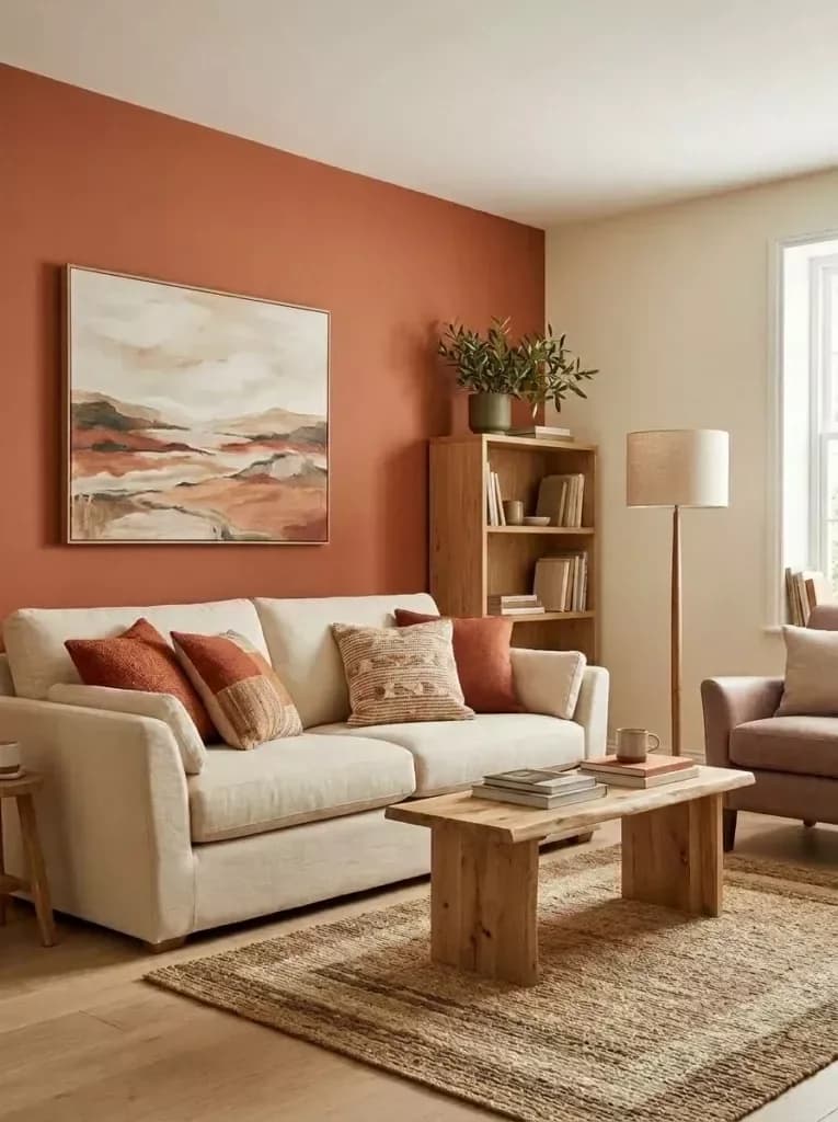 Sala con una pared color terracota, un cuadro abstracto en tonos tierra, sofá crema con cojines terracota, mesa de centro de madera maciza y un librero de madera