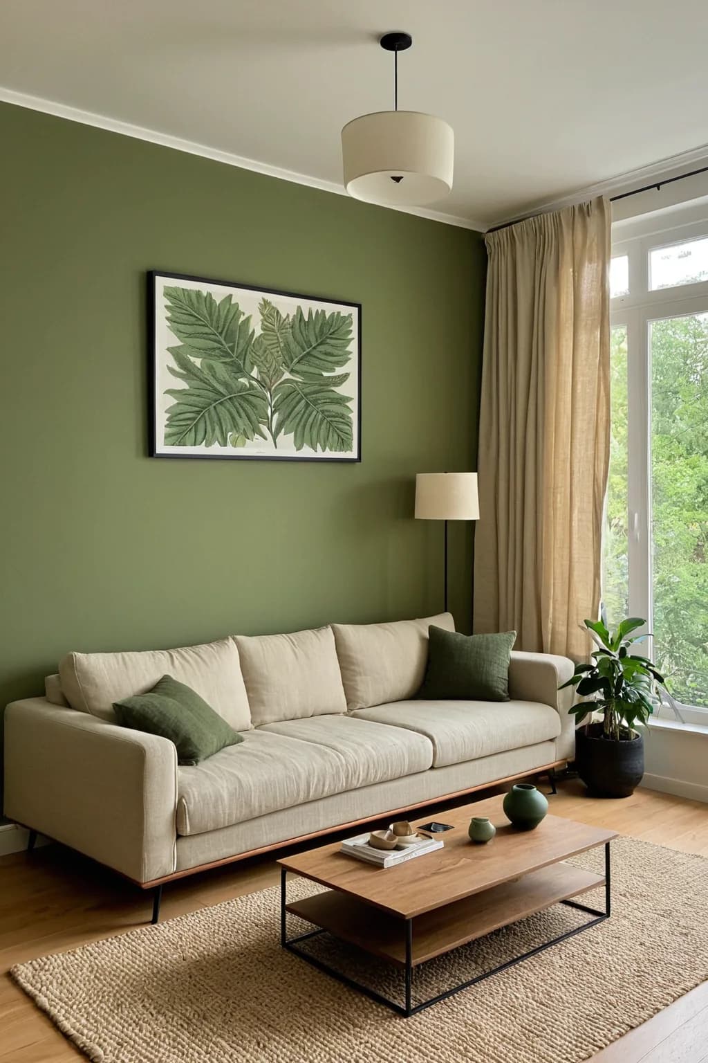 Sala con una pared verde olivo, un cuadro grande de hojas en marco negro, sofá beige con cojines verdes, mesa de centro de madera y metal, y cortinas de lino