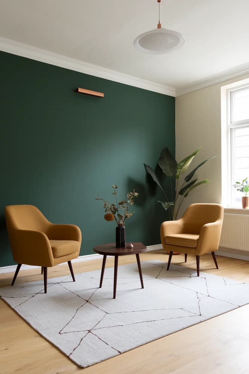Sala con una pared verde botella, dos sillones color mostaza, una mesa baja de madera oscura, una planta grande y un tapete claro con líneas