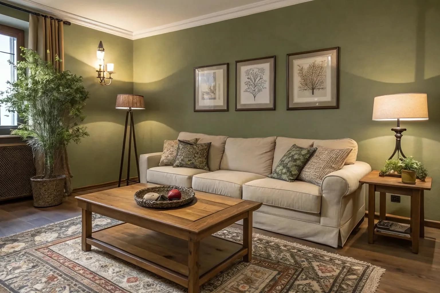 Sala con paredes verde olivo, sofá crema con cojines estampados, mesa de centro de madera, tres cuadros botánicos, lámparas de mesa y de pie y un tapete de estilo persa