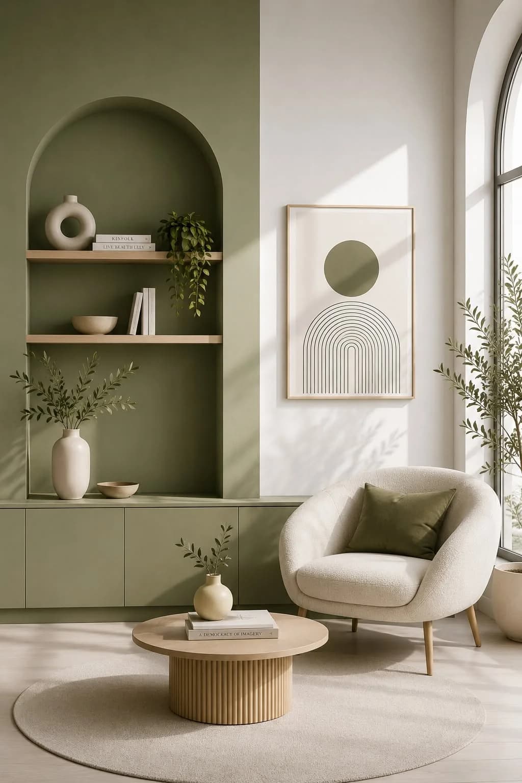 Sala con pared verde olivo y un nicho en arco con repisas, sillón bouclé blanco, mesa redonda de madera acanalada, un cuadro abstracto y la otra pared blanca