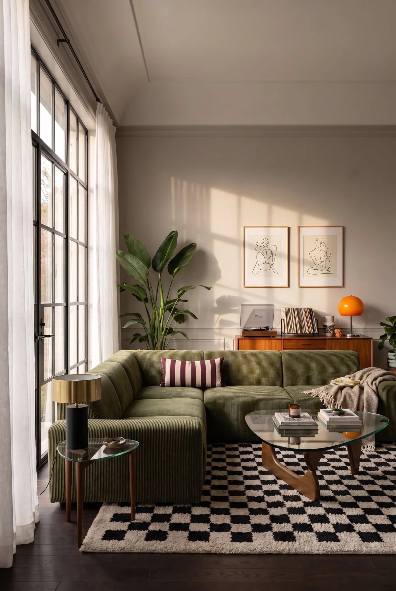 Sala con sofá verde olivo, tapete de cuadros blanco y negro, mesa de centro de vidrio con base de madera, ventanales altos y un mueble de madera con lámpara naranja