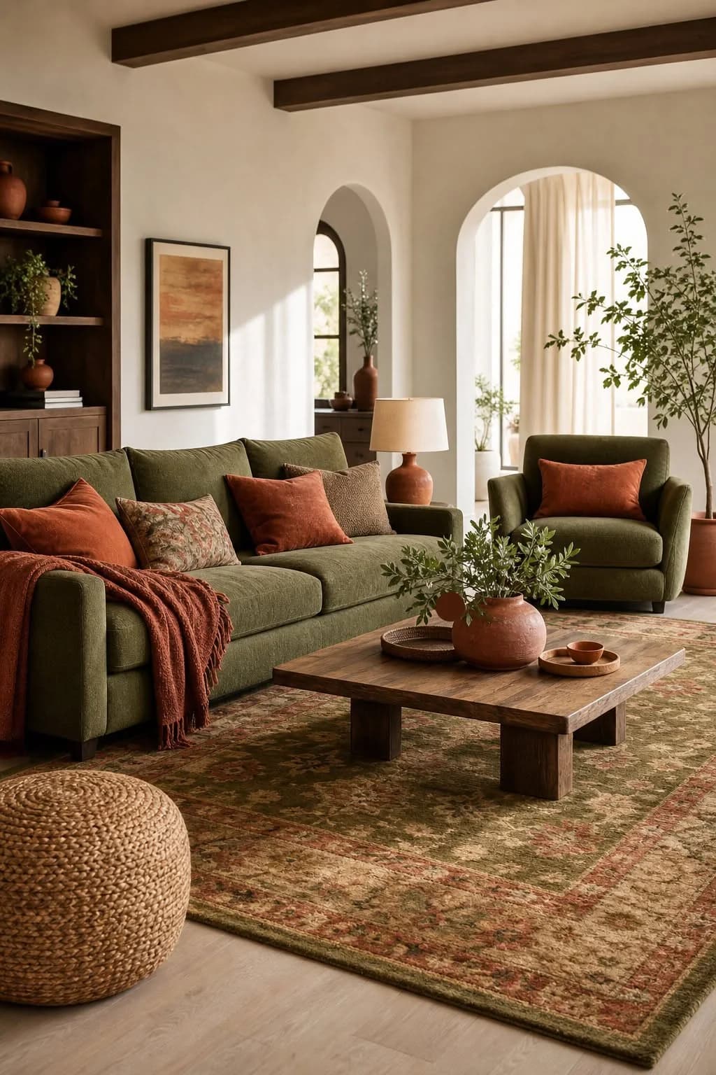 Sala con sofá verde olivo, cojines y manta color óxido, mesa de centro de madera, puf tejido, tapete de estilo persa y paredes blancas con arcos