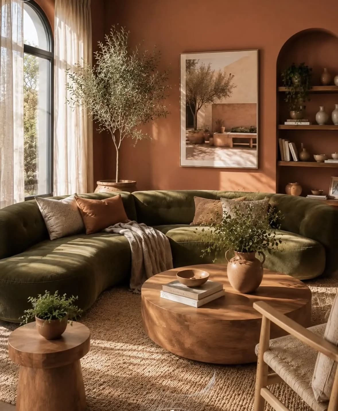 Sala con pared terracota, nicho con repisas, sofá curvo verde olivo con cojines beige y óxido, mesa redonda de madera y un olivo grande junto al ventanal