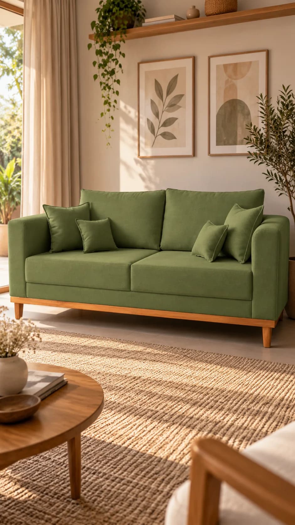 Sofá verde olivo de madera clara con cojines del mismo verde, sobre un tapete de yute, con cuadros de hojas en la pared clara y una mesa redonda de madera