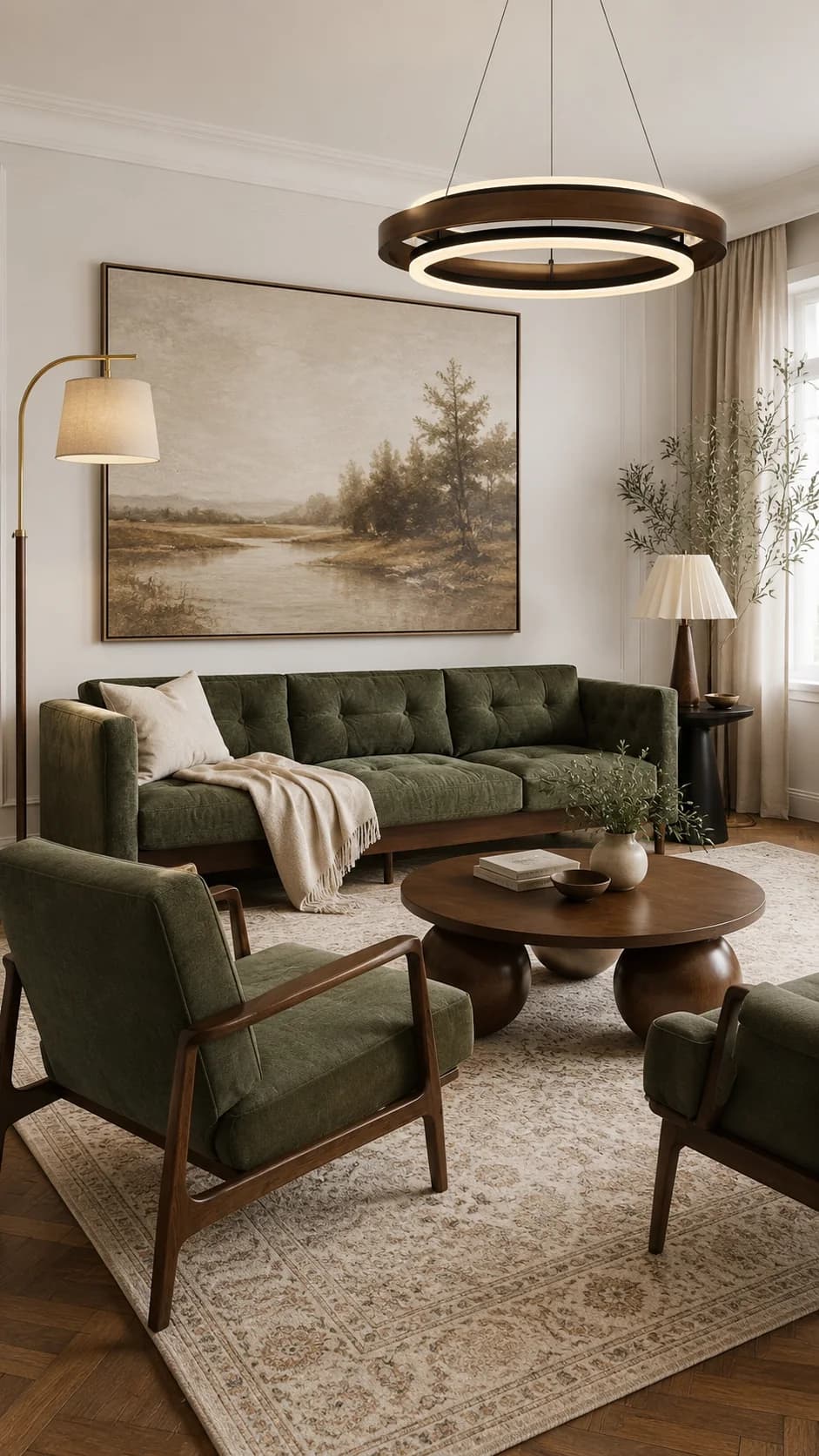 Sala con sofá y dos sillones verde olivo, mesa redonda de madera, un gran cuadro de paisaje, lámpara de techo circular y un tapete claro estampado