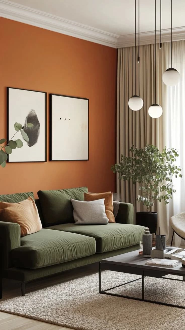Sala moderna con pared terracota, sofá verde olivo con cojines naranjas, cuadros abstractos, lámparas colgantes y cortinas beige