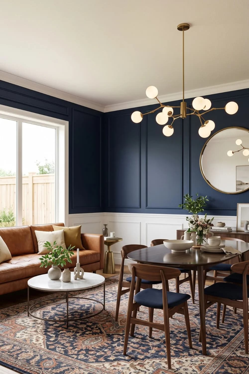 Sala y comedor con pared azul marino y lambrín blanco abajo, lámpara dorada de globos, mesa redonda oscura con sillas de madera, sofá de cuero café y tapete persa