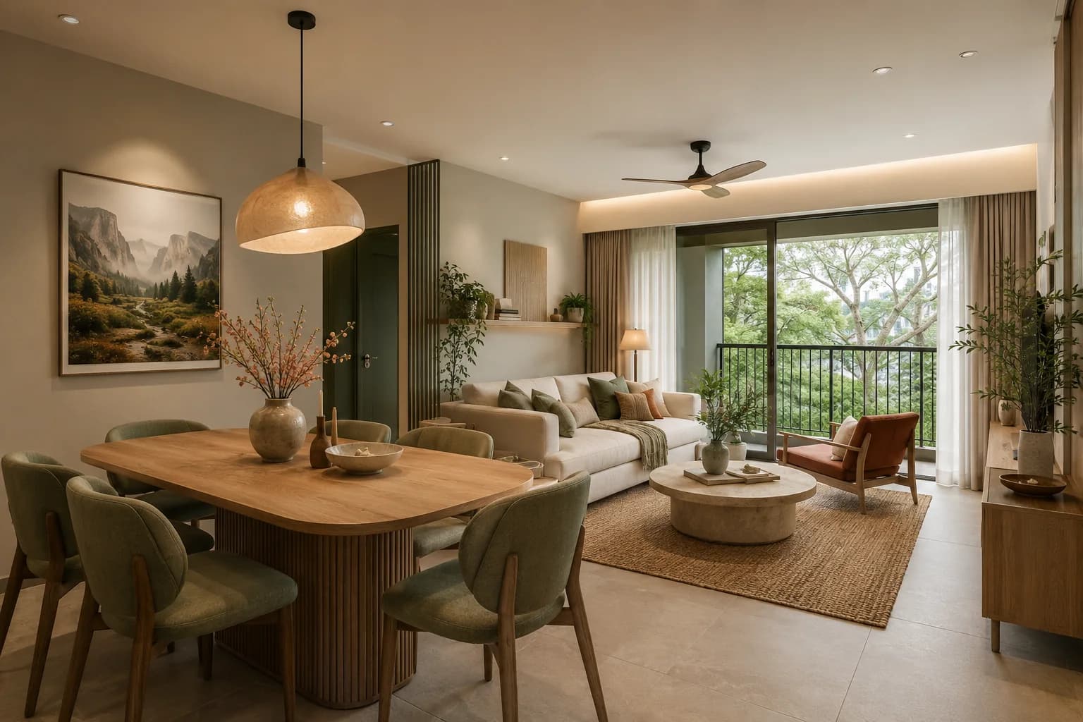 Sala y comedor en un mismo espacio con paredes beige, comedor de madera con sillas verdes, sofá crema, tapete de yute y ventanal al balcón