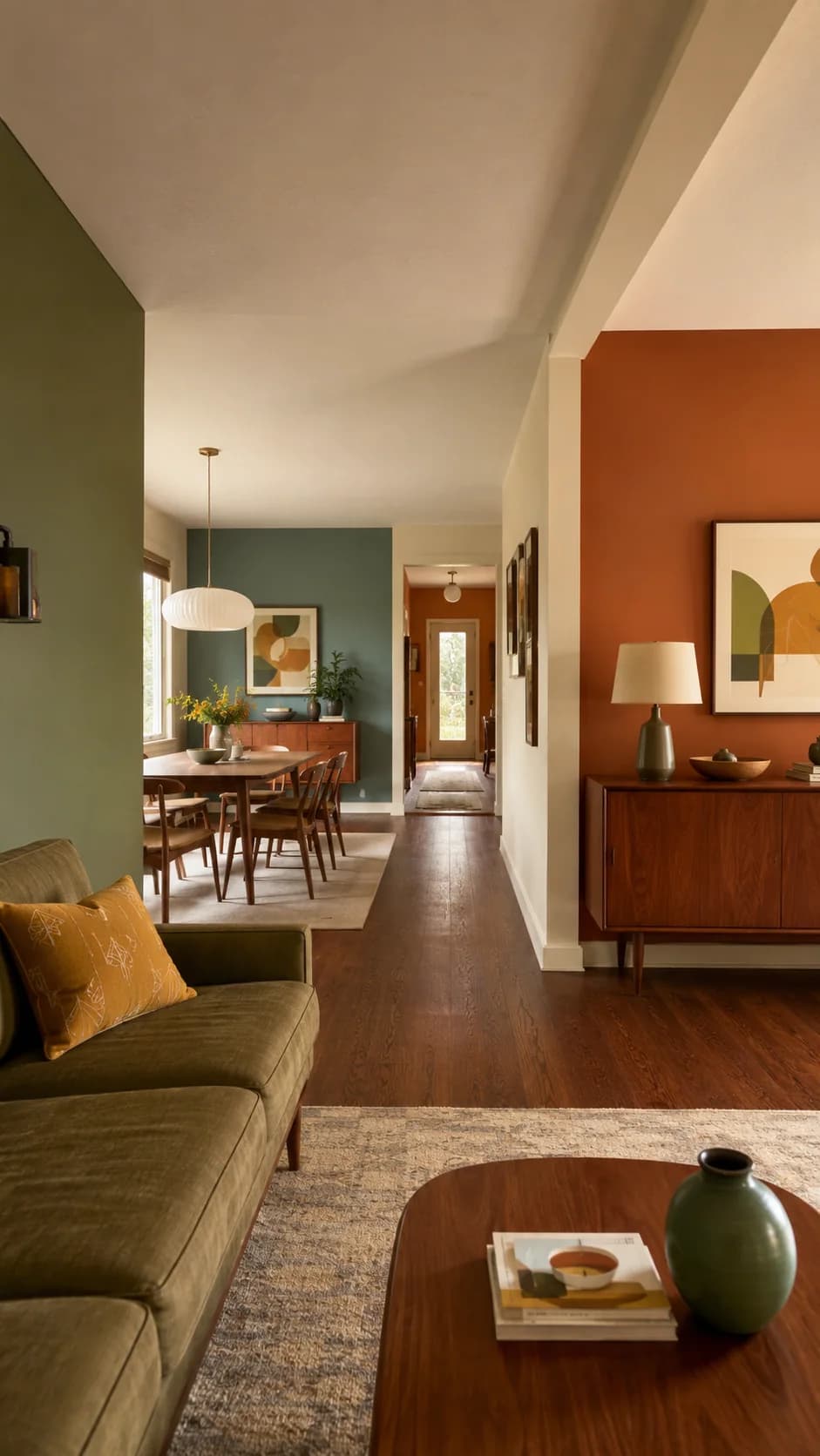 Espacio largo con sala de pared verde olivo y sofá verde en primer plano, un pasillo y al fondo un comedor con pared terracota y mueble de madera