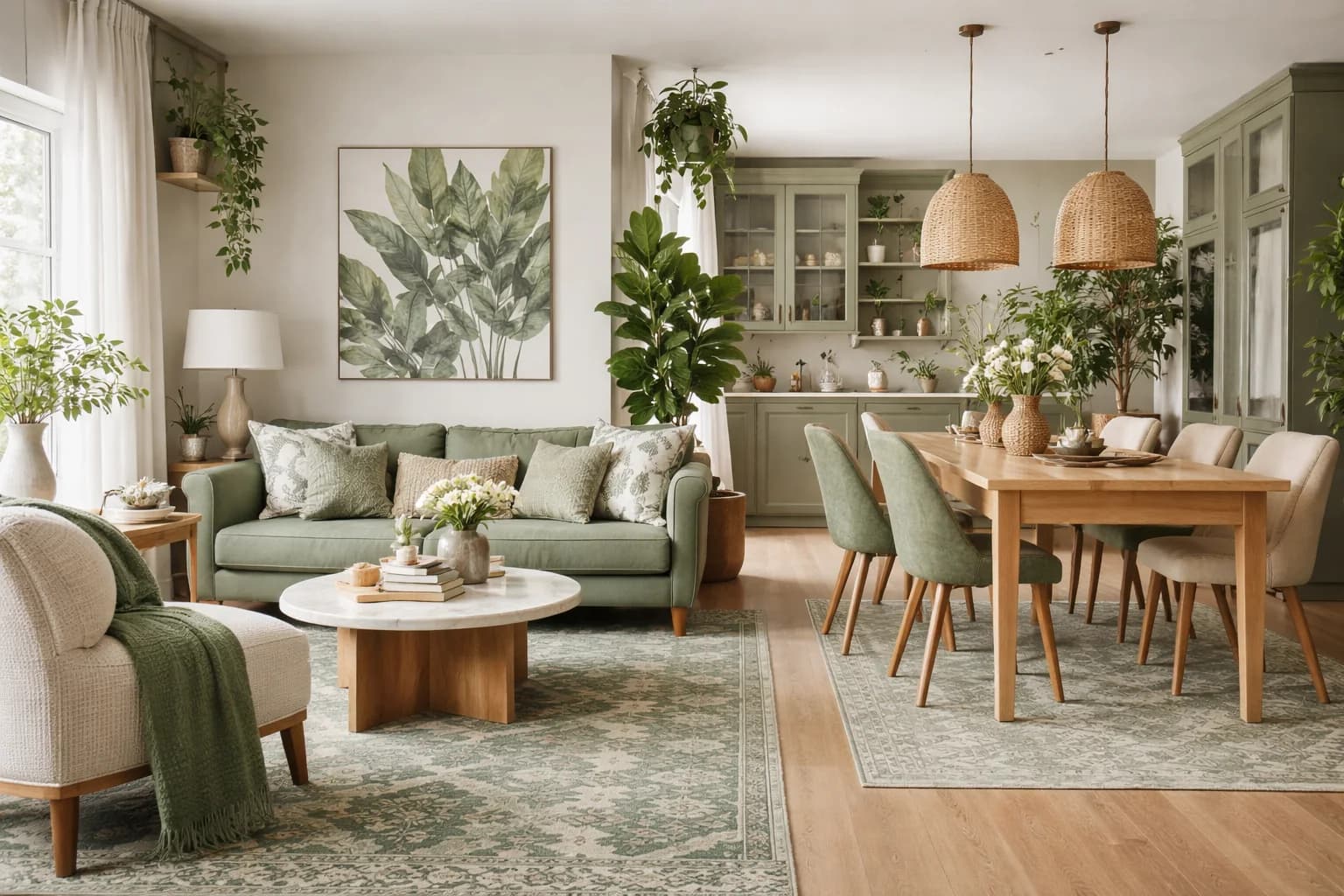 Espacio abierto con sala de sofá verde salvia, comedor de madera con sillas verdes y crema, cocina con gabinetes verde salvia al fondo y lámparas de fibra natural