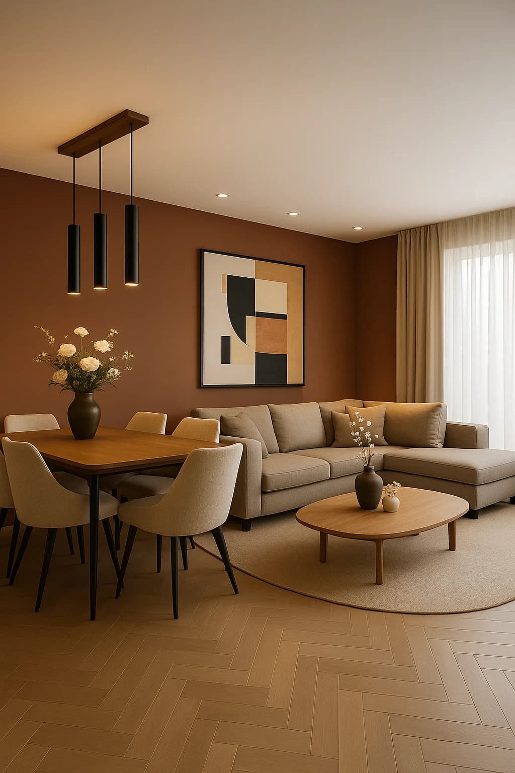 Comedor y sala con una pared terracota detrás de la mesa, cuadro abstracto en tonos tierra, lámparas colgantes negras, sofá beige en L y piso de madera en espiga