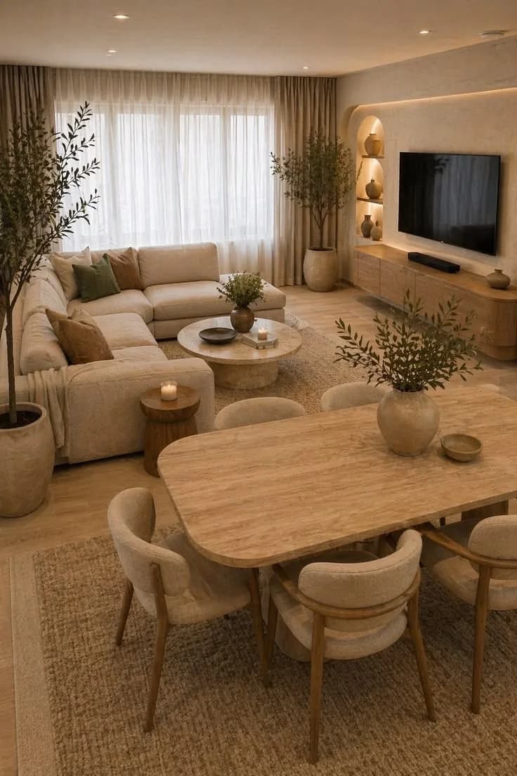 Sala y comedor en tonos arena con sofá modular beige, mesa de comedor de madera clara con sillas tapizadas, olivos en macetas y nichos iluminados