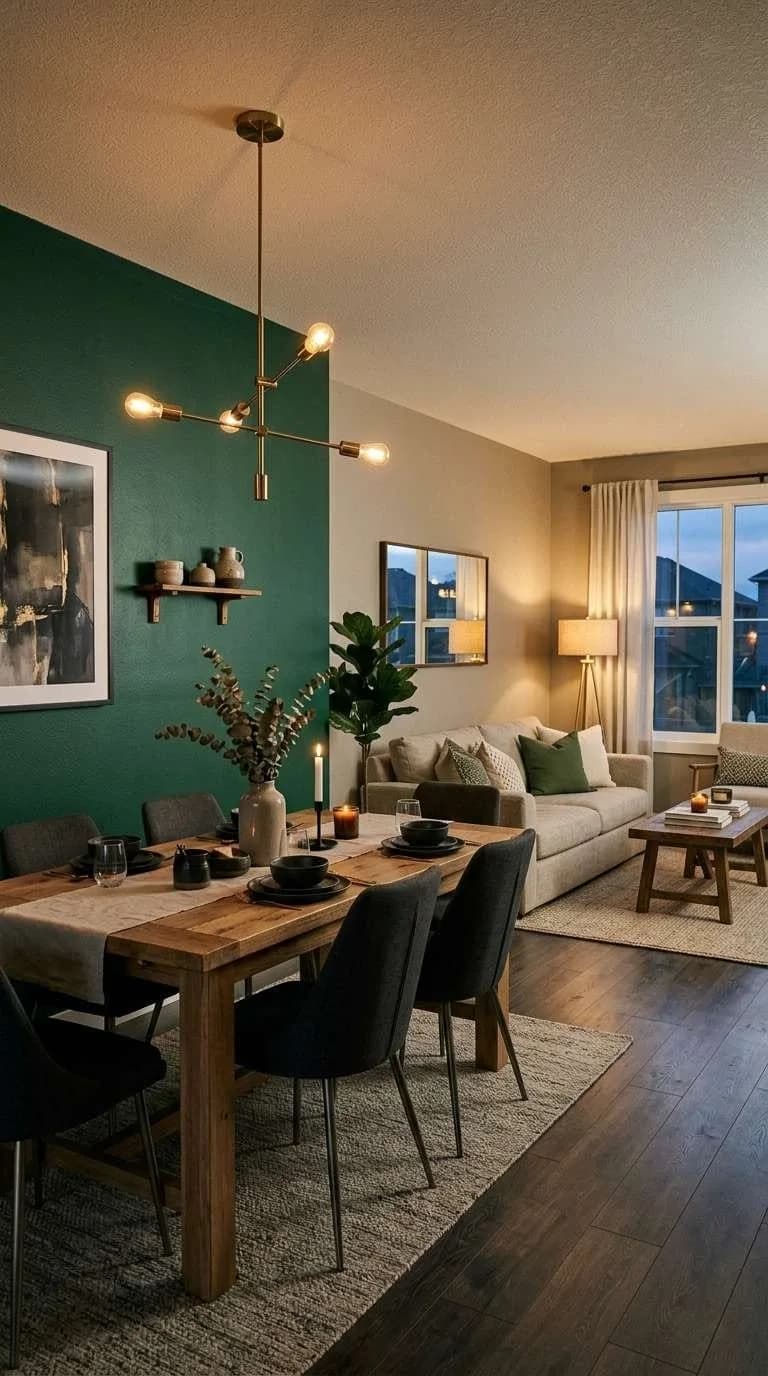 Comedor con pared verde esmeralda, mesa de madera con sillas negras y lámpara dorada, y al fondo la sala en tonos beige con ventanas