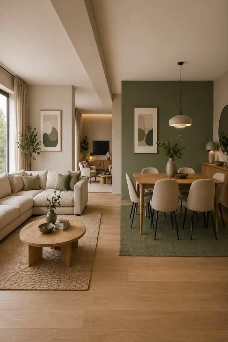 Sala y comedor juntos con paredes beige, una pared verde salvia detrás del comedor de madera con sillas claras, sofá crema y un tapete verde bajo la mesa