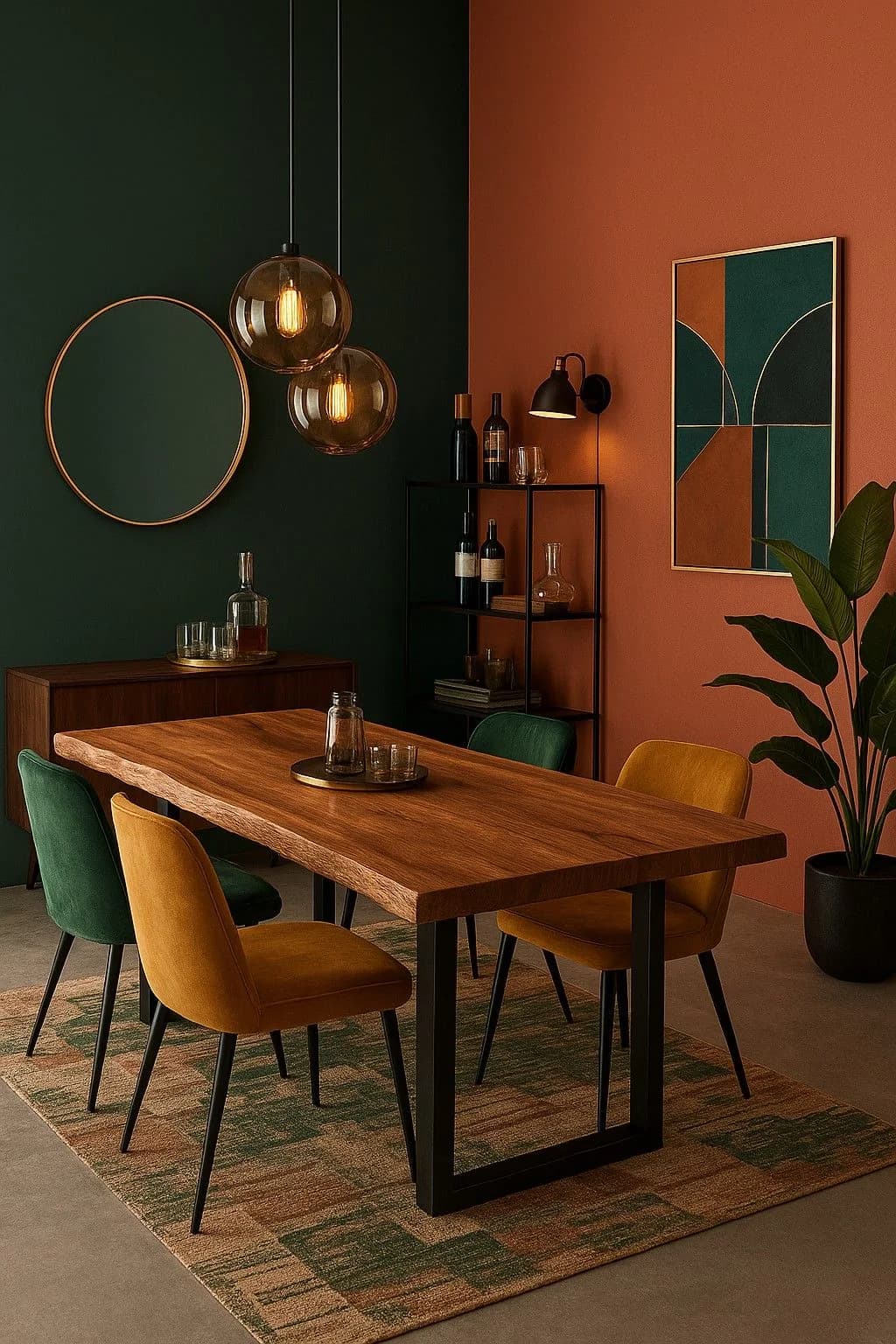 Comedor con una pared verde oscuro y otra terracota, mesa de madera, sillas verdes y mostaza, lámparas de vidrio ámbar y un tapete de colores