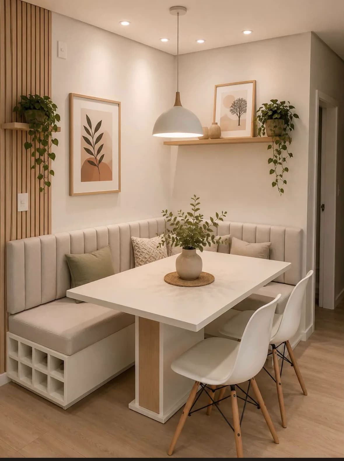 Comedor con banca en esquina de respaldo acolchado y nichos de almacenaje, mesa rectangular blanca, sillas blancas y cuadros botánicos