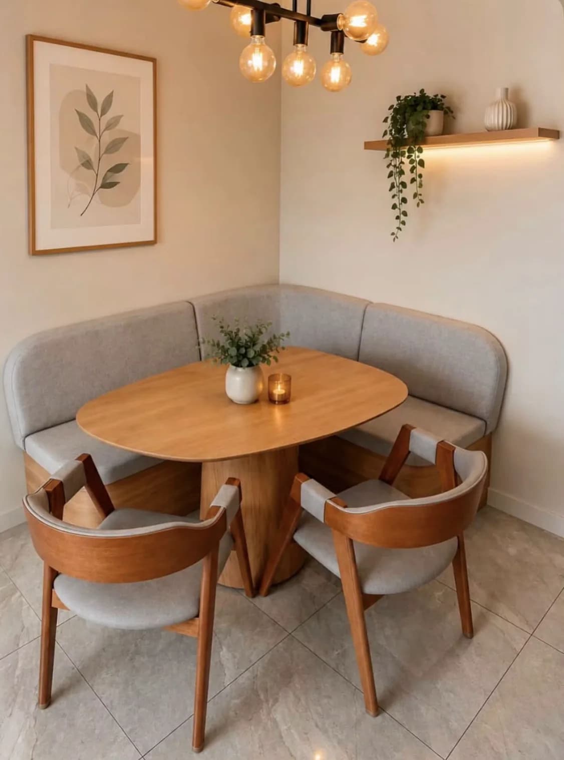 Comedor en esquina con banca curva gris, mesa ovalada de madera, dos sillas con brazos de madera, lámpara de focos y repisa iluminada