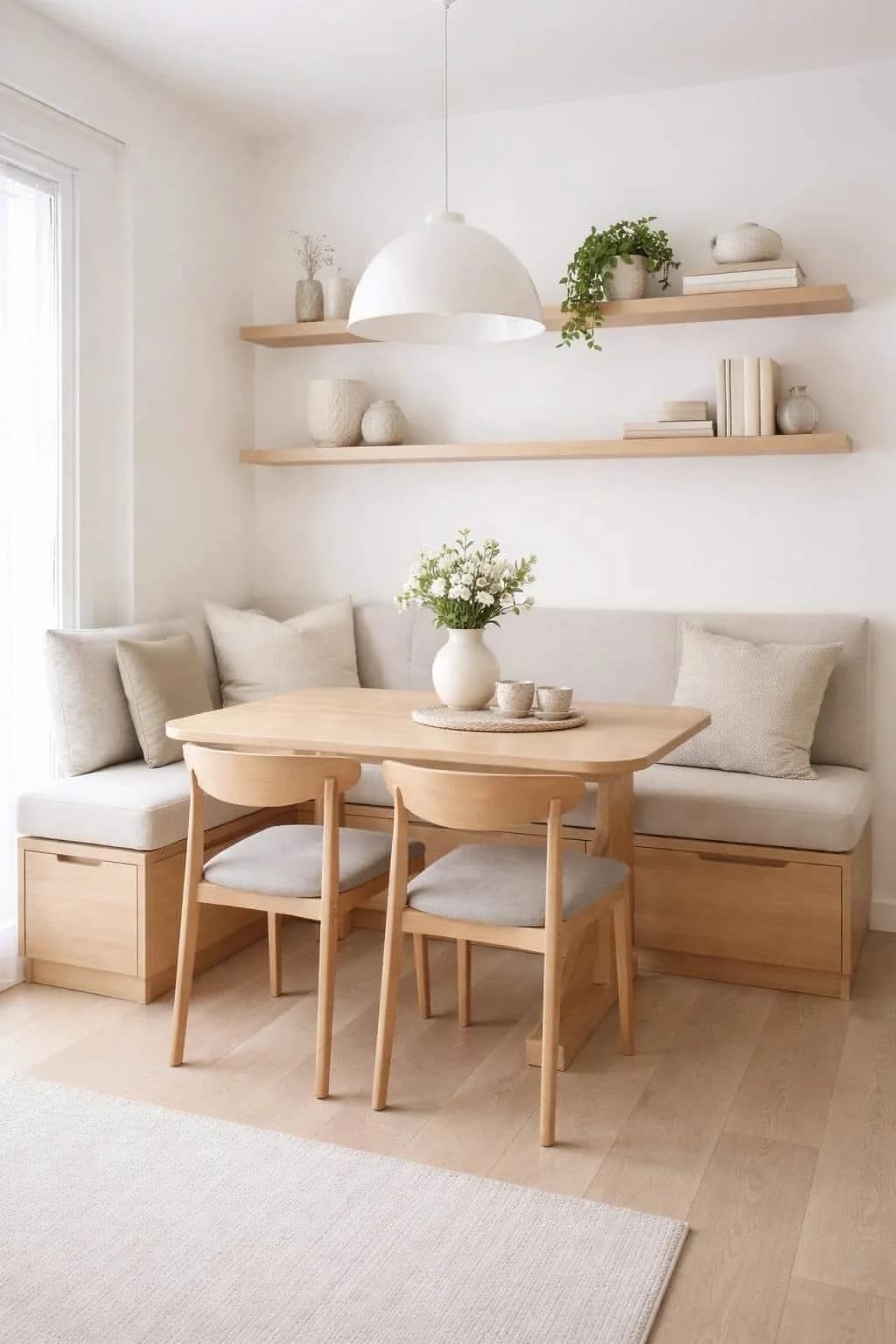 Comedor luminoso con banca con cajones y cojines, mesa de madera clara, dos sillas, lámpara blanca y repisas flotantes