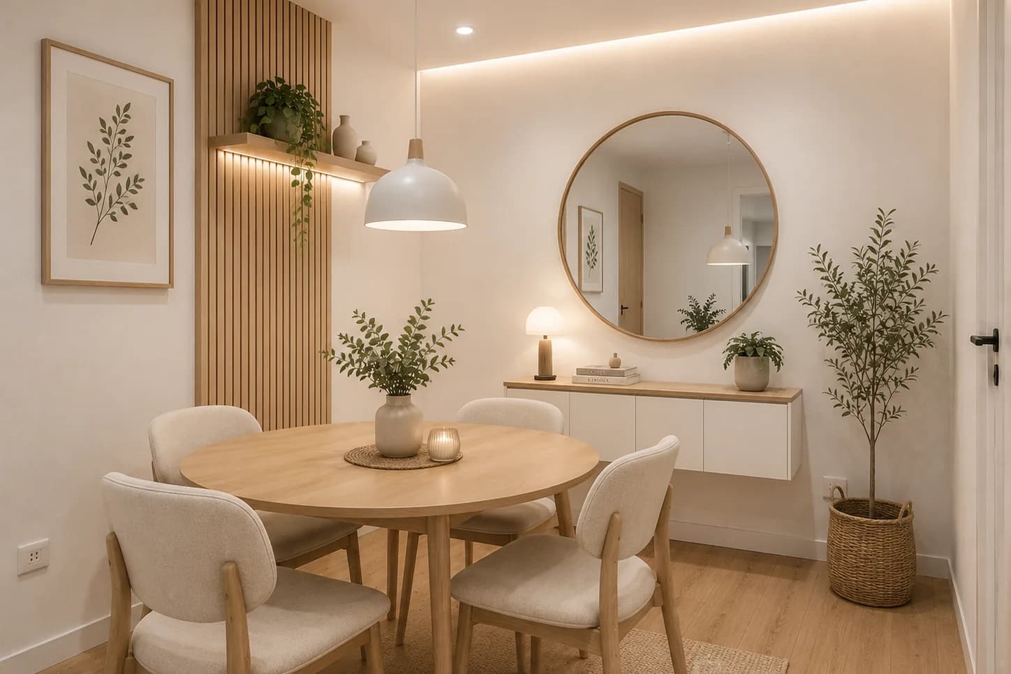 Comedor pequeño con mesa redonda de madera, cuatro sillas tapizadas claras, lámpara colgante blanca, espejo redondo y repisa flotante