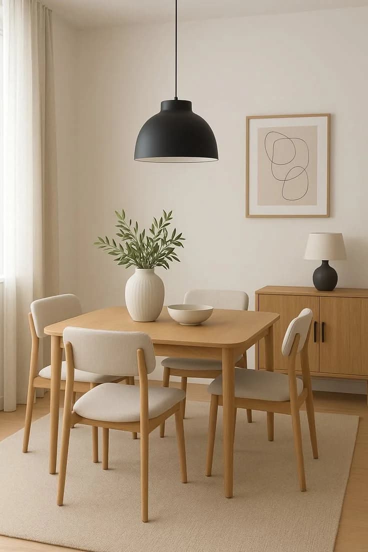 Comedor con mesa cuadrada de madera clara, cuatro sillas tapizadas, lámpara colgante negra, cuadro de líneas y tapete beige