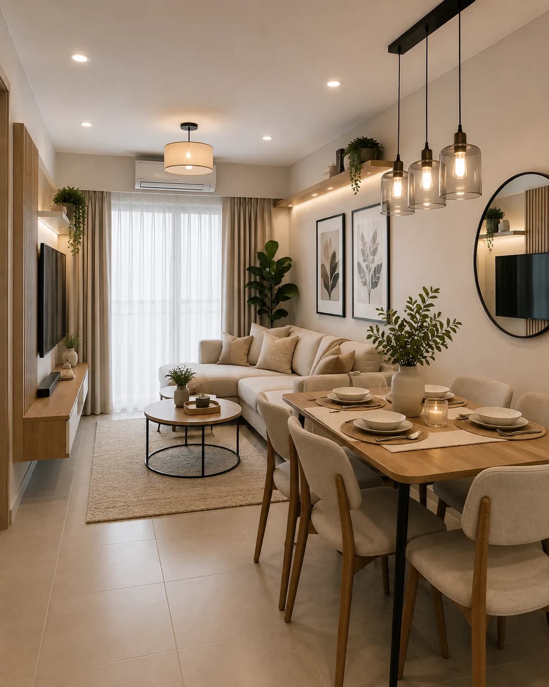 Sala comedor integrada con mesa rectangular de madera para seis, tres lámparas de vidrio, cuadros, espejo redondo y sala al fondo