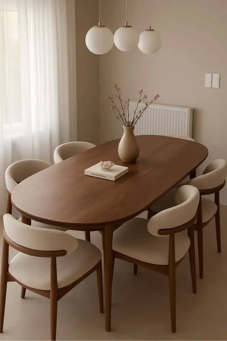 Comedor con mesa ovalada de nogal para seis, sillas tapizadas claras con respaldo de madera y tres esferas colgantes blancas