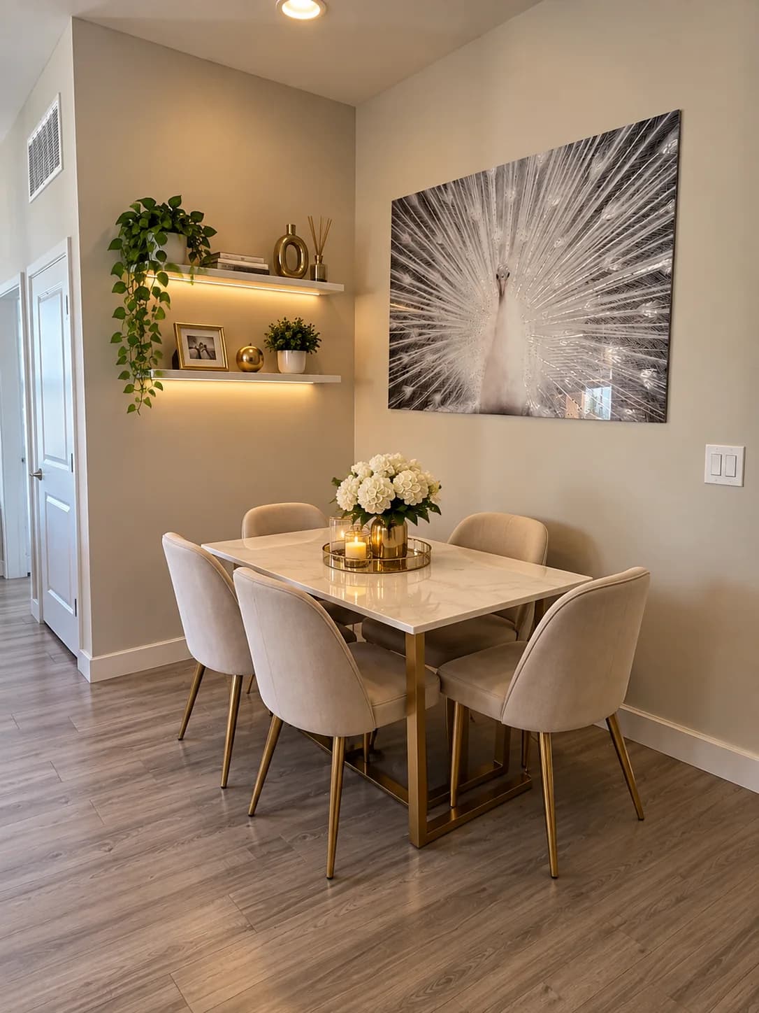 Comedor pegado a la pared con mesa rectangular clara, sillas de terciopelo beige, repisas iluminadas y un cuadro grande
