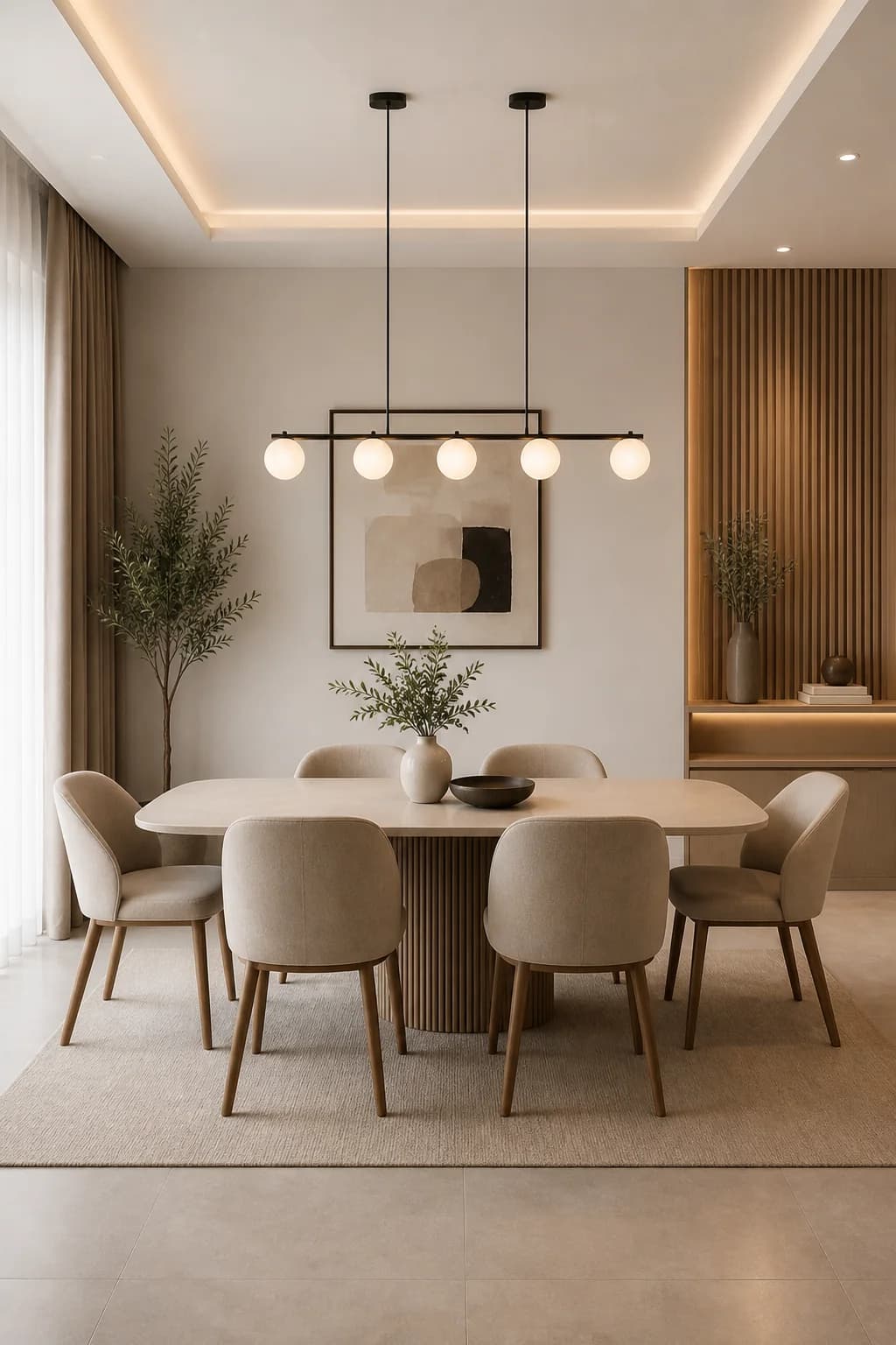 Comedor con mesa rectangular clara de base cilíndrica, seis sillas envolventes, lámpara lineal de esferas y muro de lamas