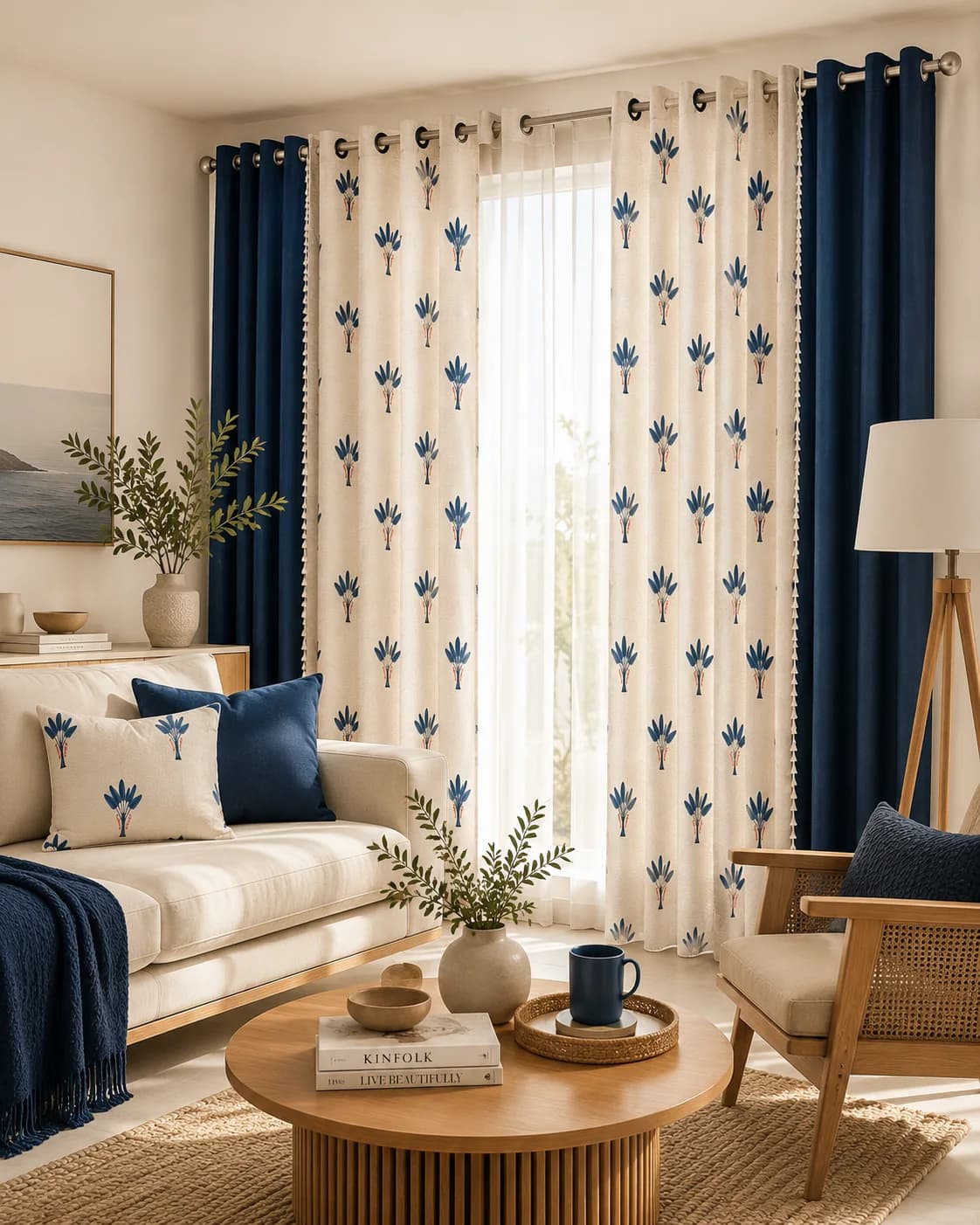 Sala con cortinas de ojillos: paños crema con motivo azul al centro y paños azul marino a los lados, mesa redonda de madera