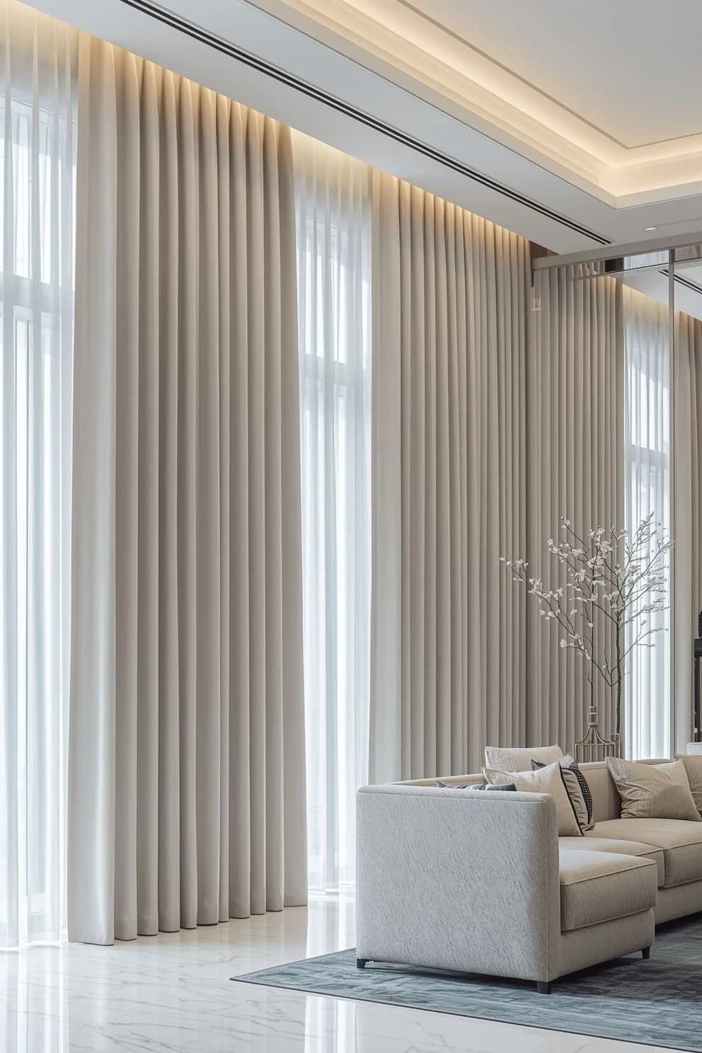 Sala de doble altura con cortinas gris claro de techo a piso y visillo blanco, sofá gris y luz indirecta en el plafón