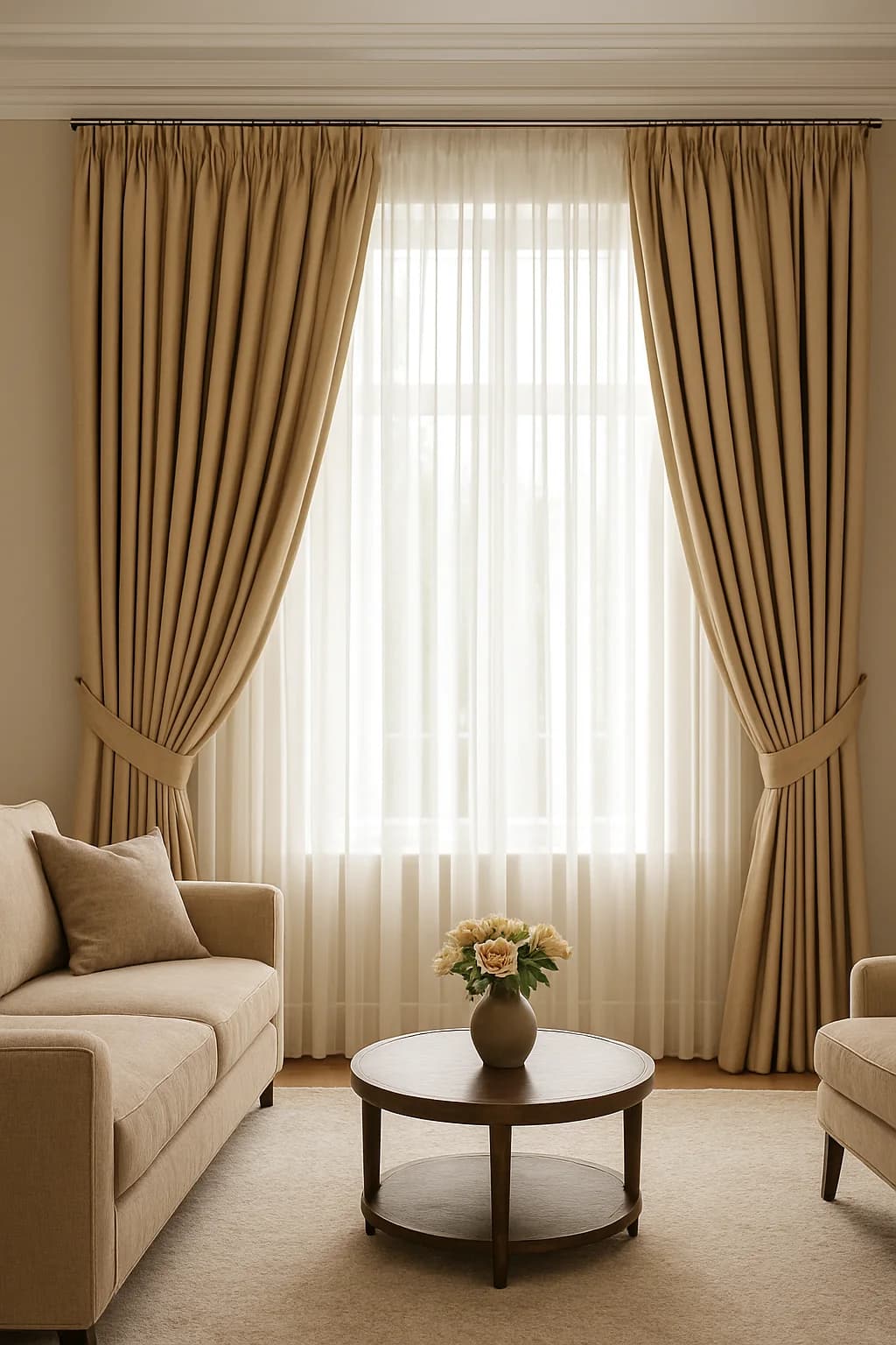 Ventana con cortinas color mostaza recogidas con abrazaderas de tela y visillo crema, sofá beige y mesa redonda
