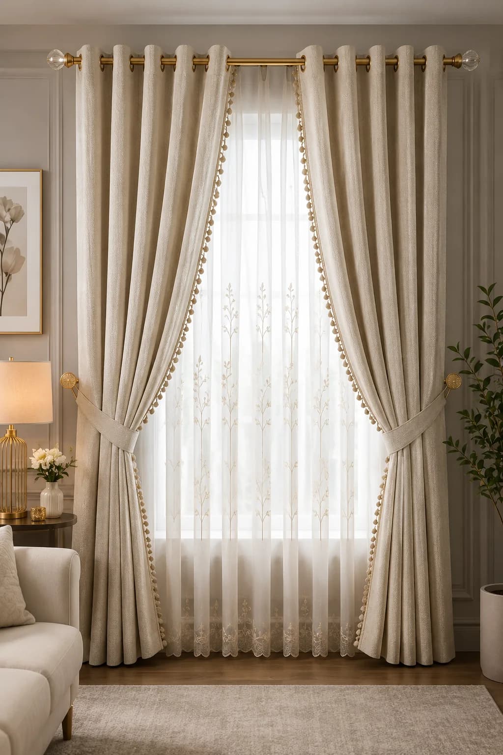 Cortinas crema con ojillos y orilla de pompones recogidas a los lados, con visillo bordado y cortinero dorado