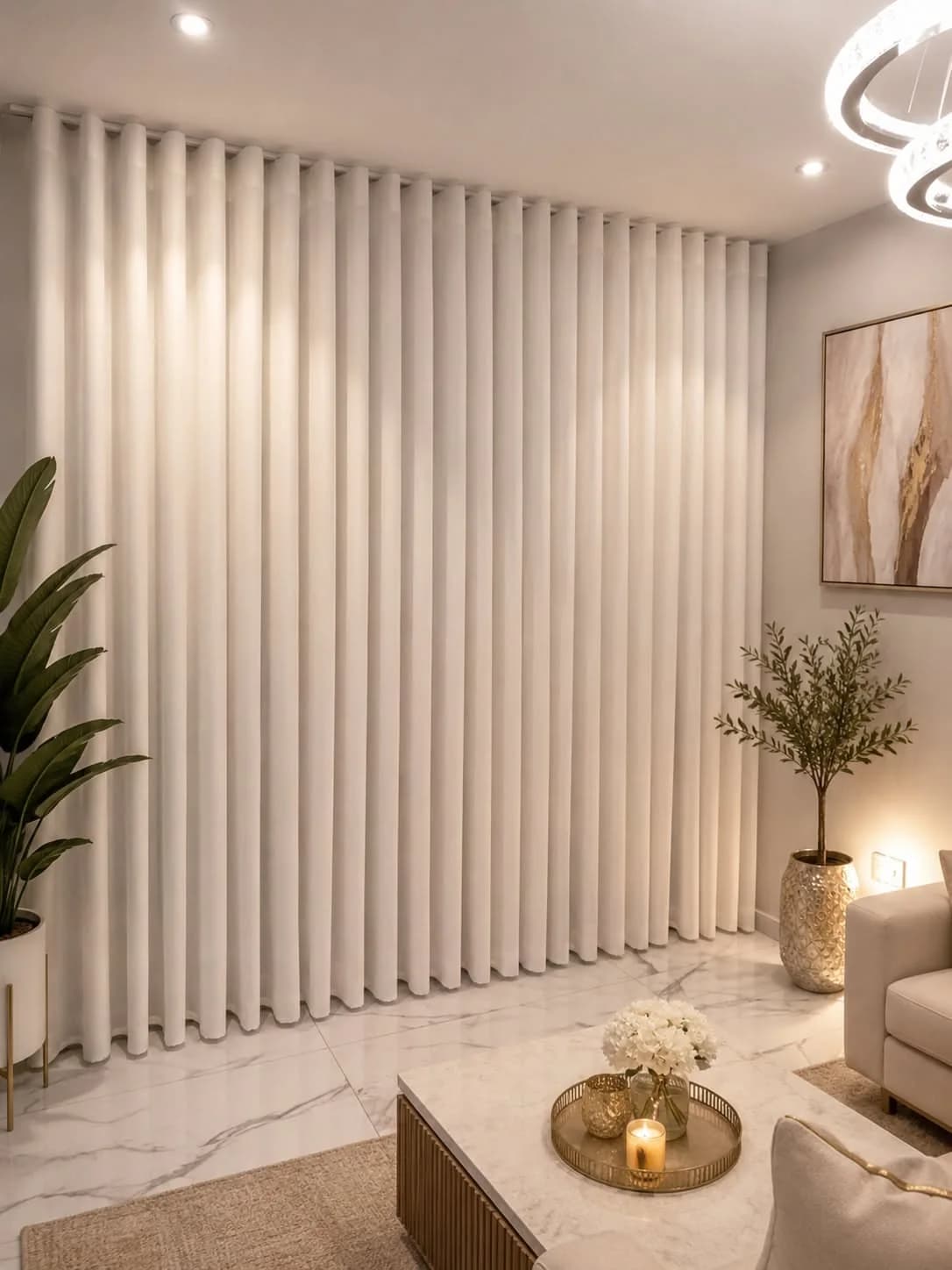 Sala con una cortina beige de onda perfecta que cubre toda la pared, iluminada desde el techo, con plantas y mesa de centro