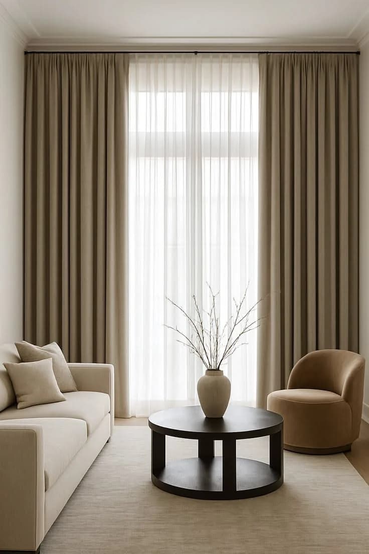 Ventana con cortinas color taupe a los lados y visillo blanco al centro, sofá claro y mesa redonda oscura