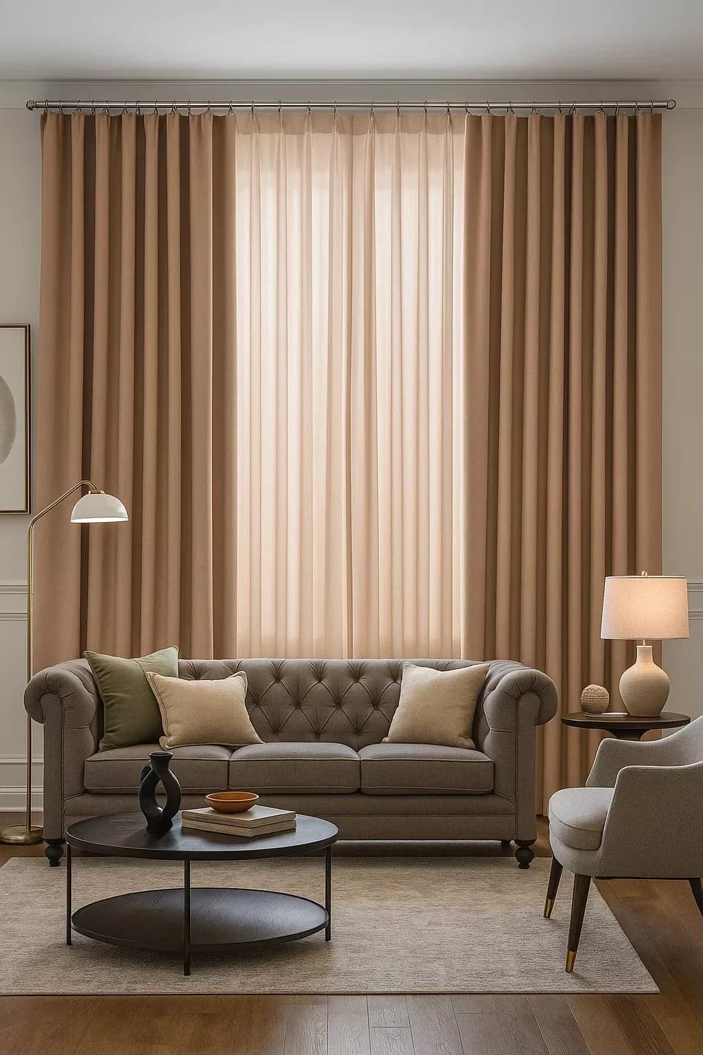 Sala con cortinas color terracota suave y visillo, sofá capitoné gris, lámparas y mesa redonda oscura