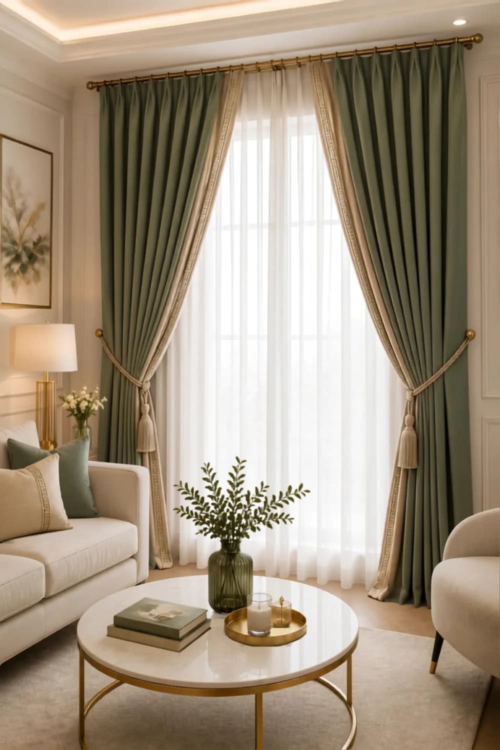 Sala elegante con cortinas verdes de ribete claro recogidas con cordón y borla sobre cortinero dorado, y visillo blanco