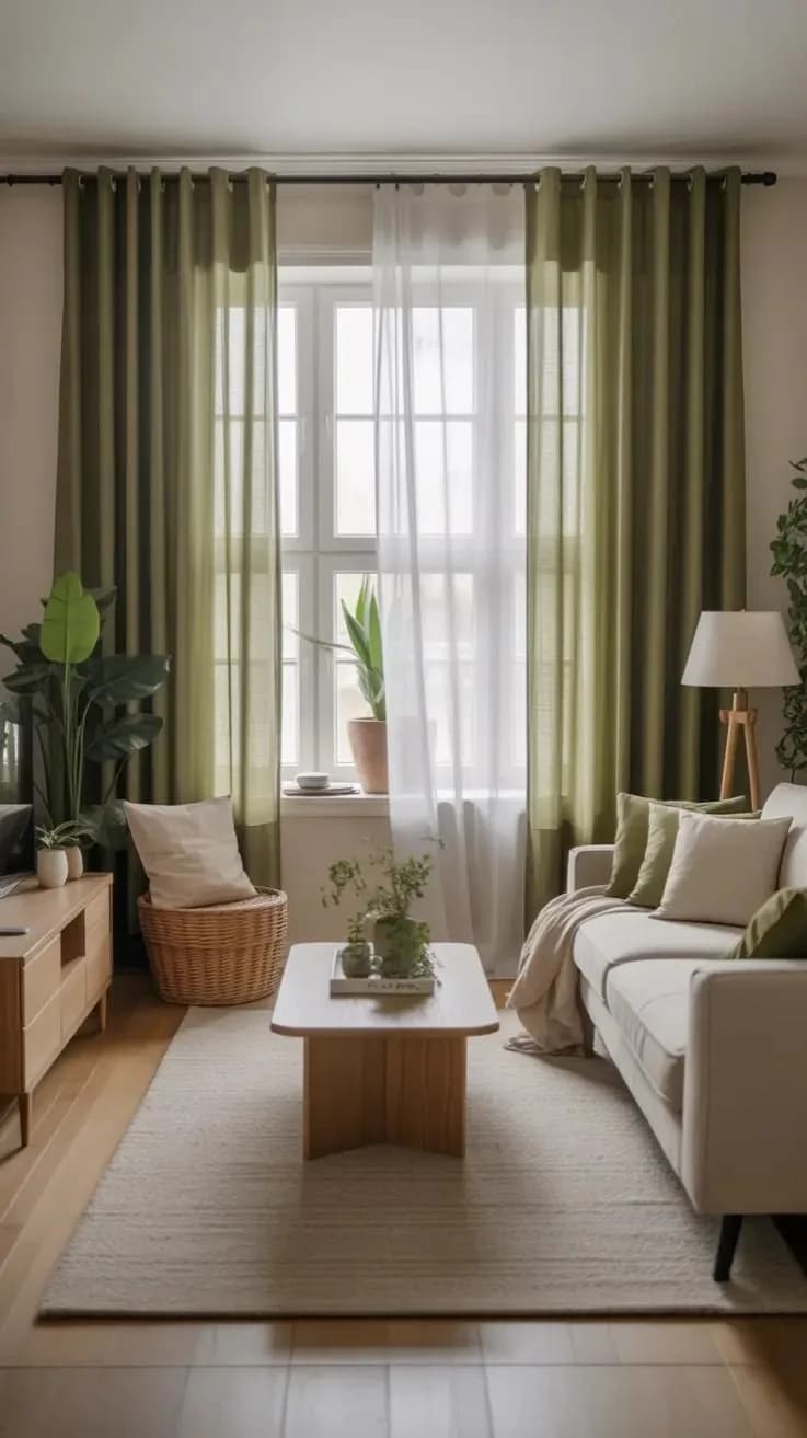 Sala clara con cortinas verde olivo de ojillos y visillo blanco, sofá crema, mesa de madera y plantas