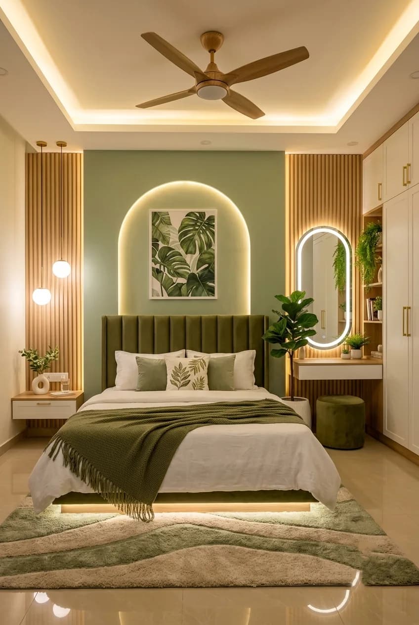 Recámara con arco iluminado en la cabecera, lámina de hojas, lamas de madera, cabecera verde y luz bajo la cama