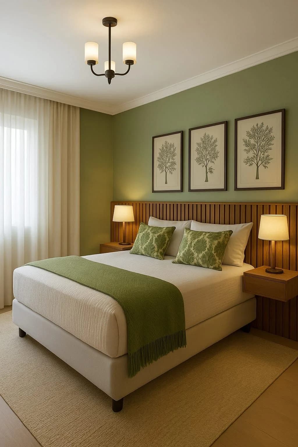 Recámara con pared verde, tres cuadros botánicos con marco negro, cabecera de lamas de madera y manta verde al pie de la cama