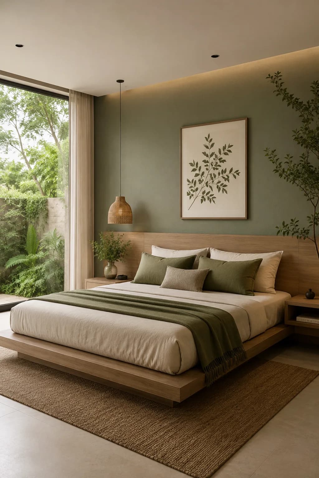 Recámara con pared verde suave, cama baja de madera natural, ropa de cama crema con manta olivo, tapete de yute y lámina botánica