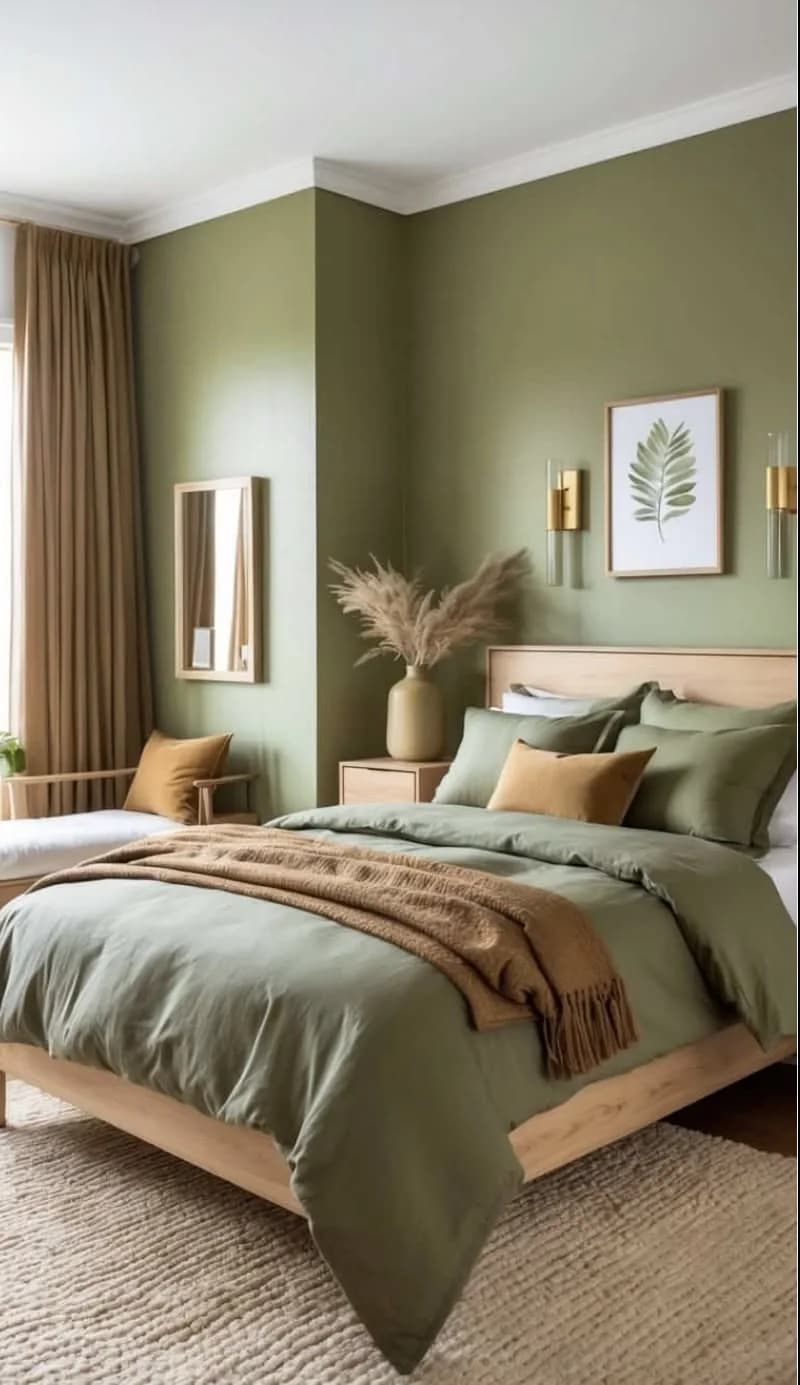 Recámara con paredes verde olivo, colcha verde con manta camel, cojín mostaza, cama de madera clara y jarrón con pasto de la pampa