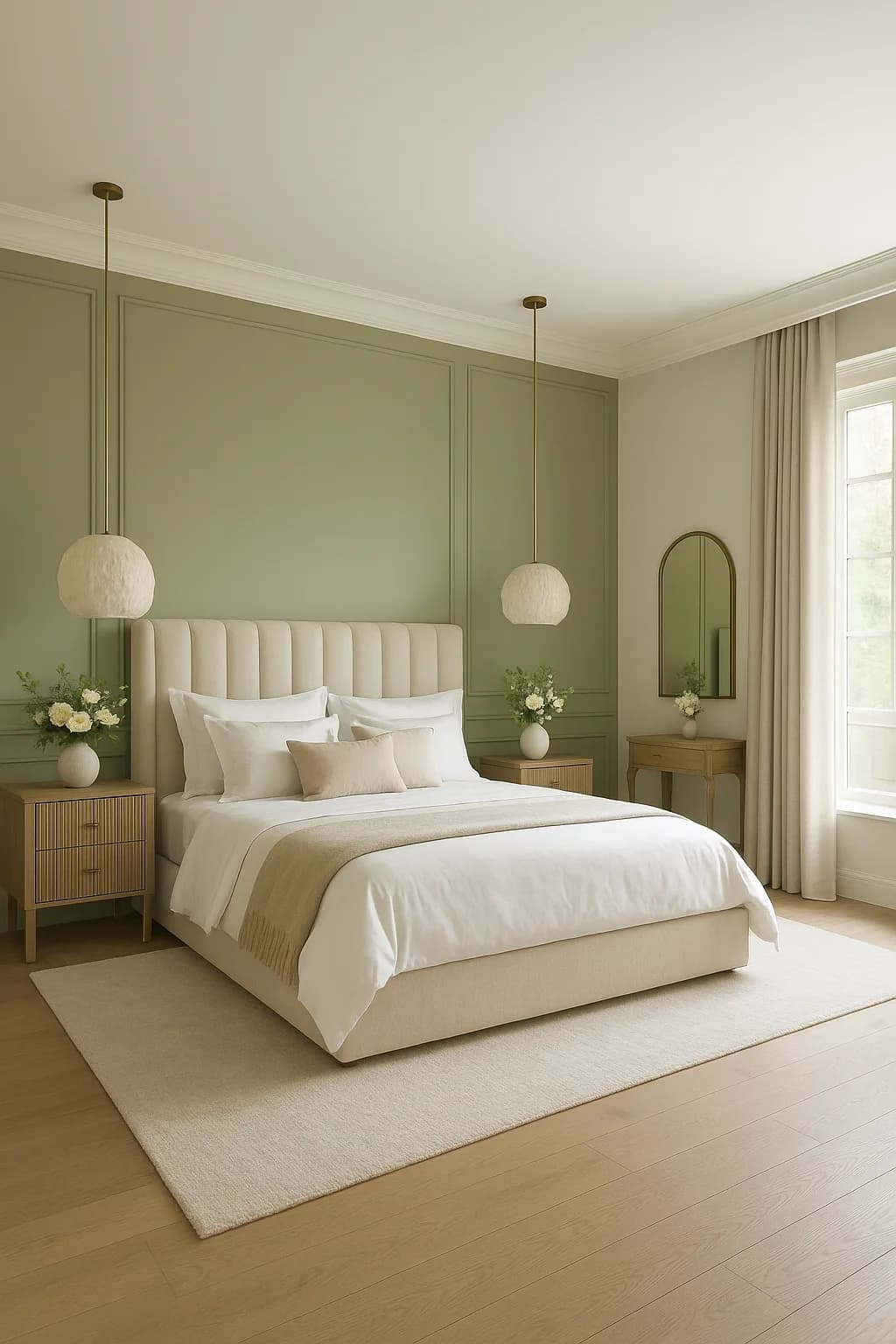 Recámara en verde olivo claro con molduras, cabecera capitoné crema, ropa de cama blanca y dos lámparas colgantes de esfera