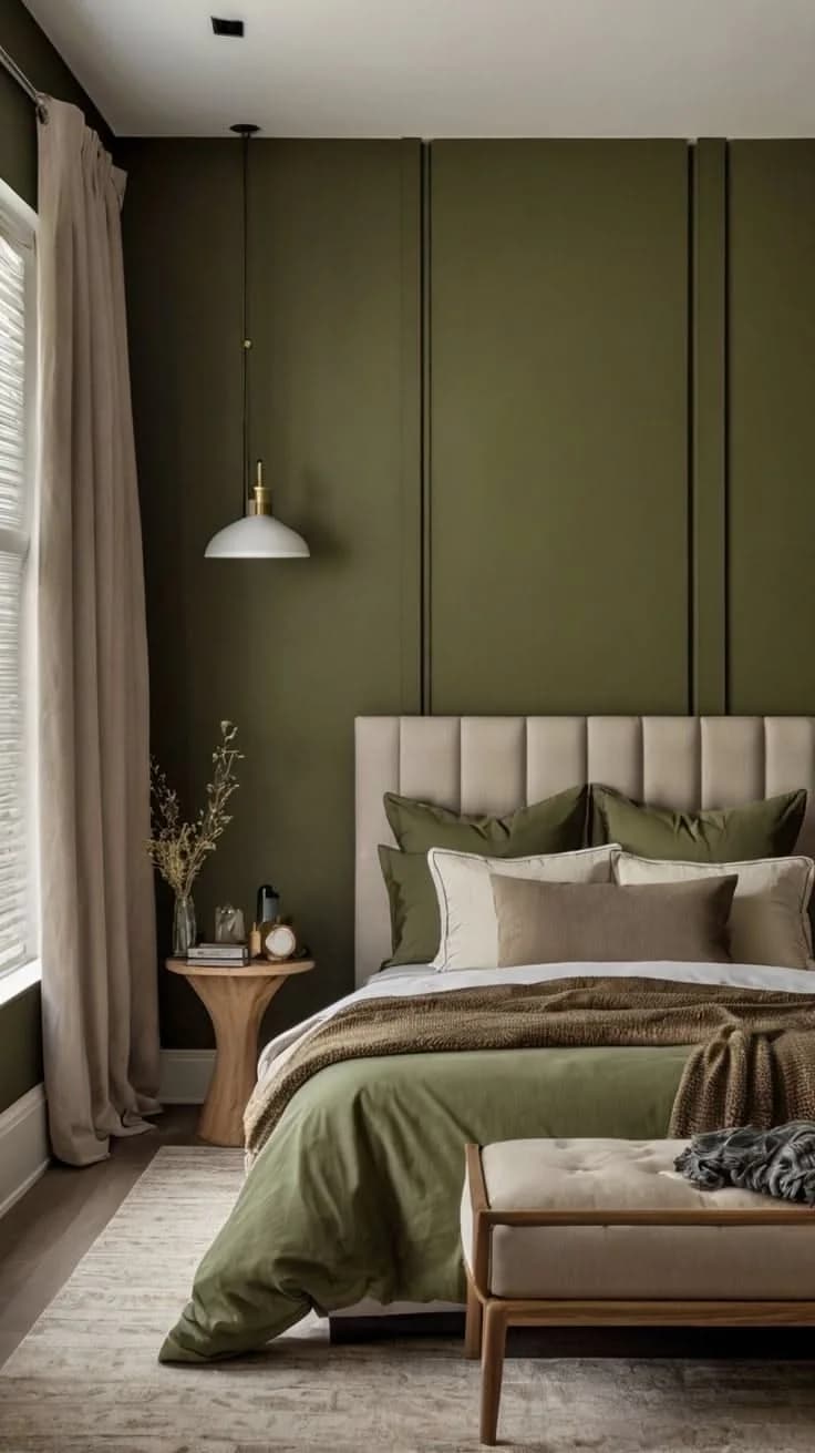 Recámara con pared verde olivo oscuro con paneles verticales, cabecera clara capitoné, ropa de cama verde y lámpara colgante blanca