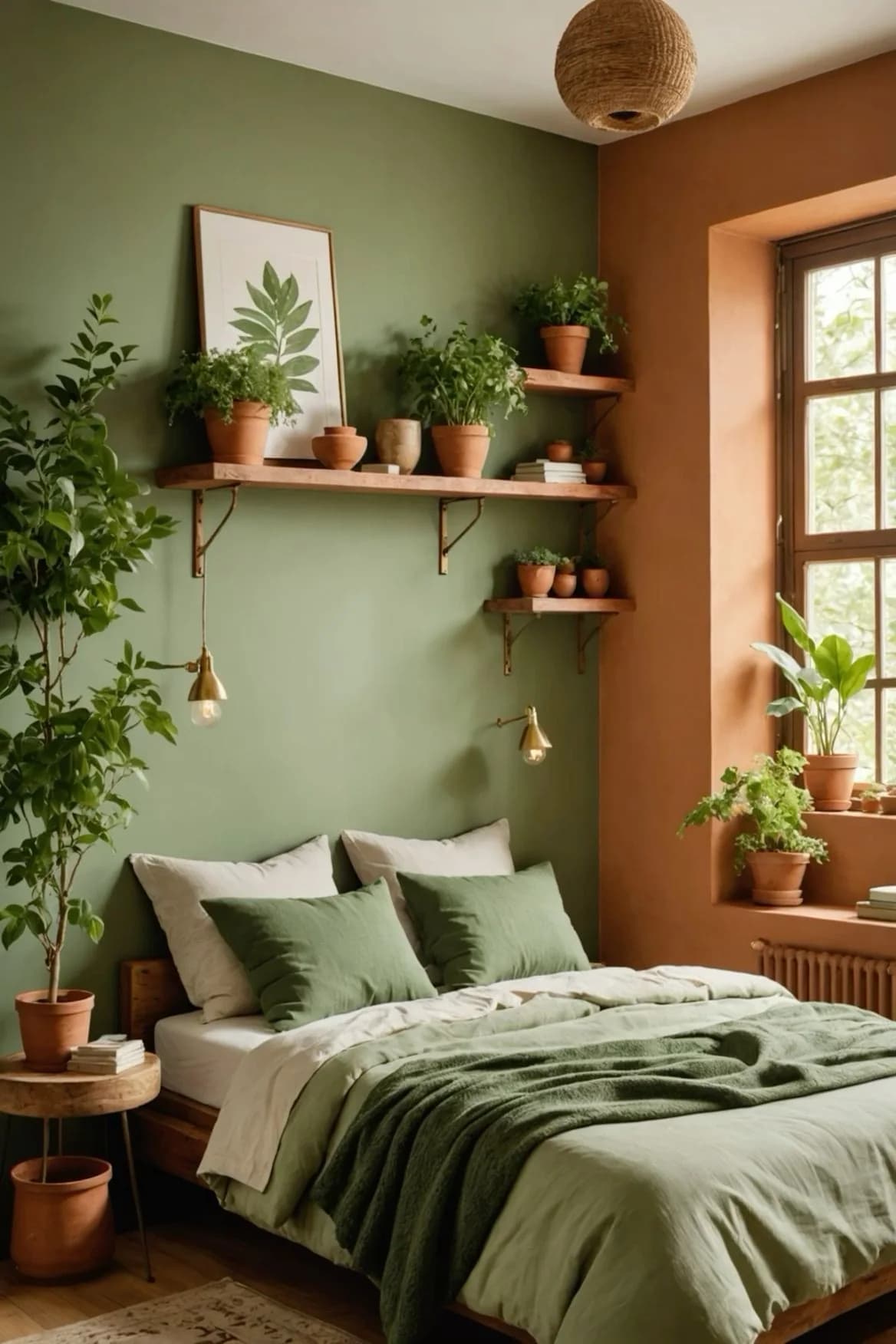 Recámara con un muro verde olivo y otro terracota, repisas de madera con macetas de barro, plantas y ropa de cama verde